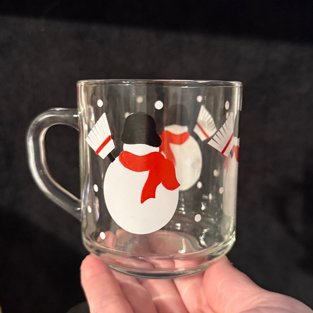 6 Luminarc, Glass Snowman Mugs from Crate & Barrel.